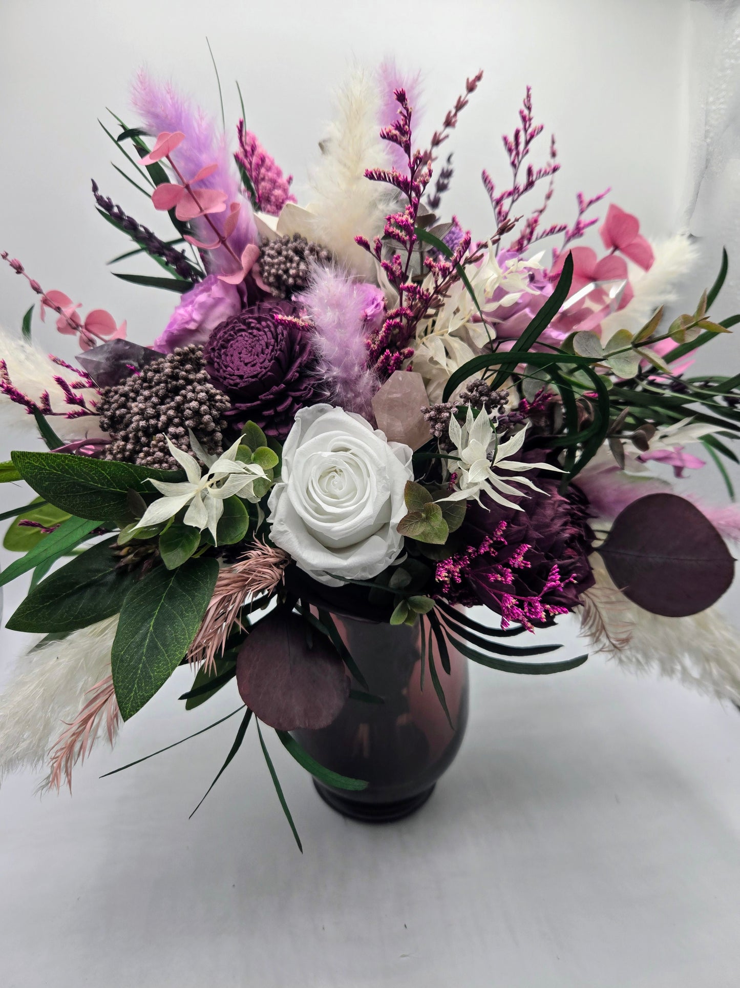 Purple Wood and Preserved Flower Bouquet with Crystals