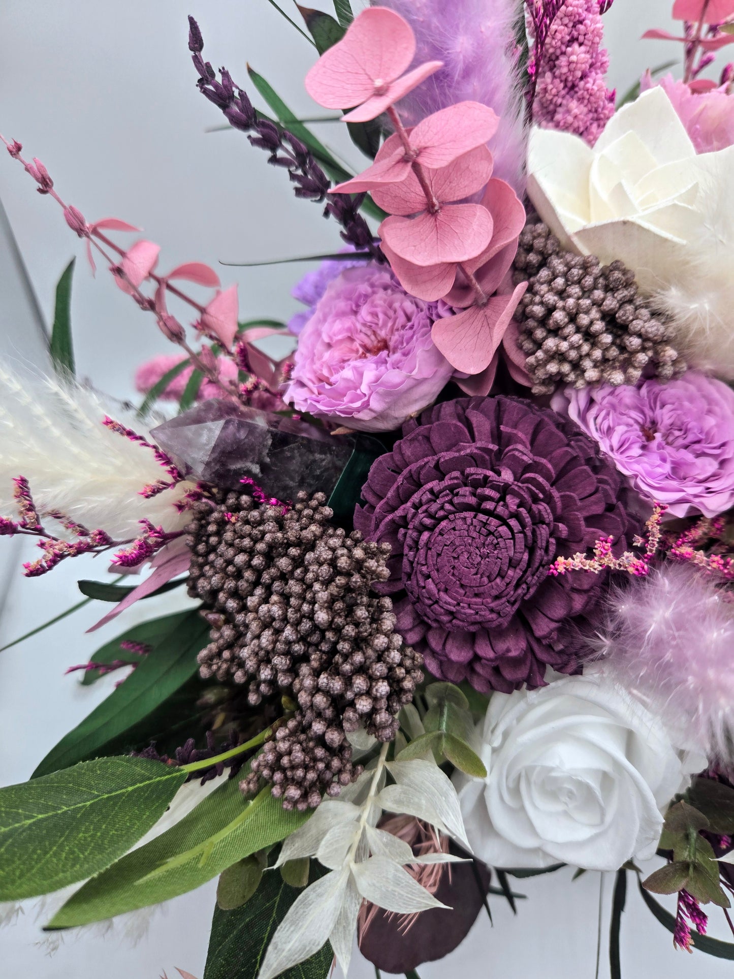 Purple Wood and Preserved Flower Bouquet with Crystals