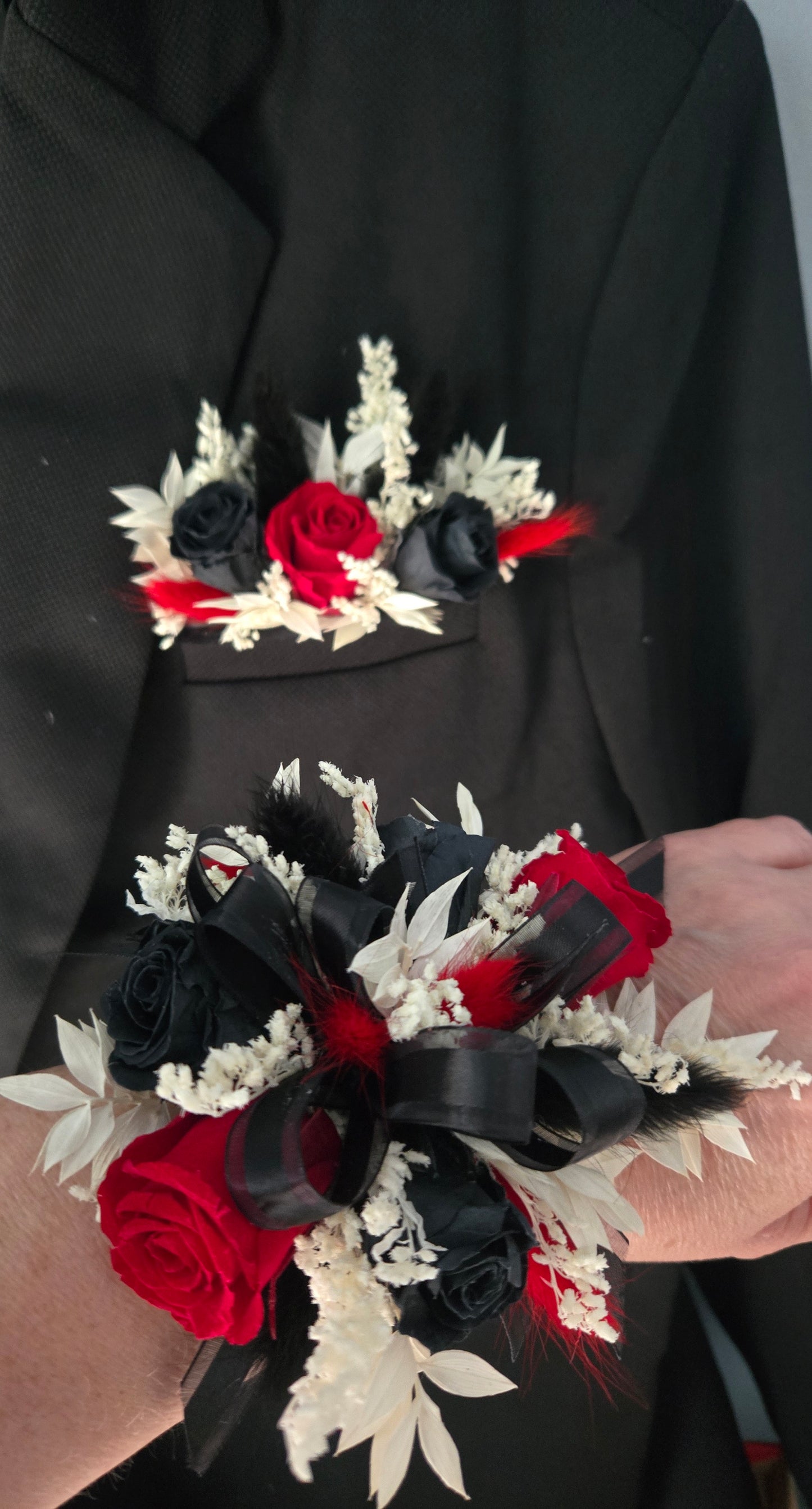 Preserved Roses Corsage and Boutonniere Set in Black and Red