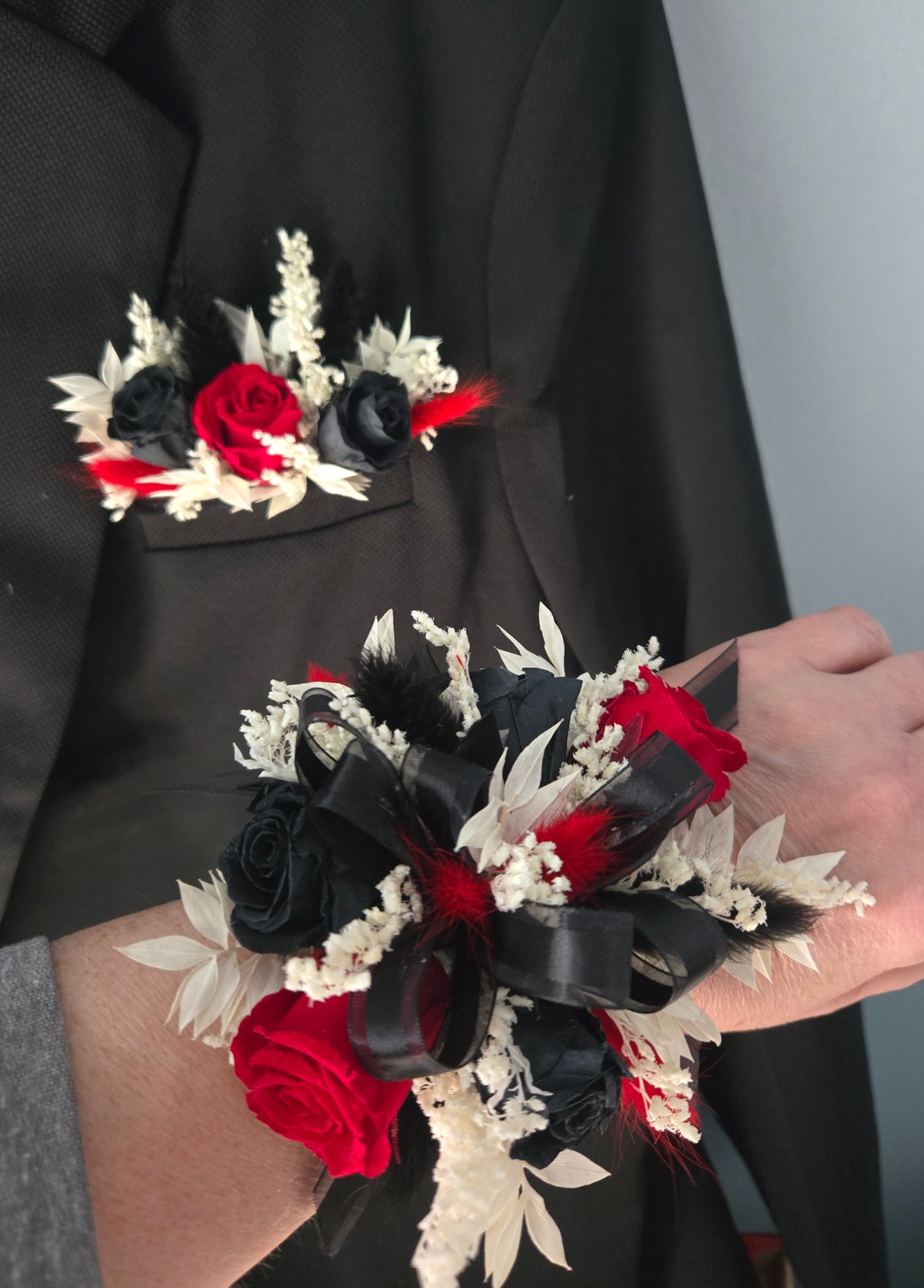 Preserved Roses Corsage and Boutonniere Set in Black and Red