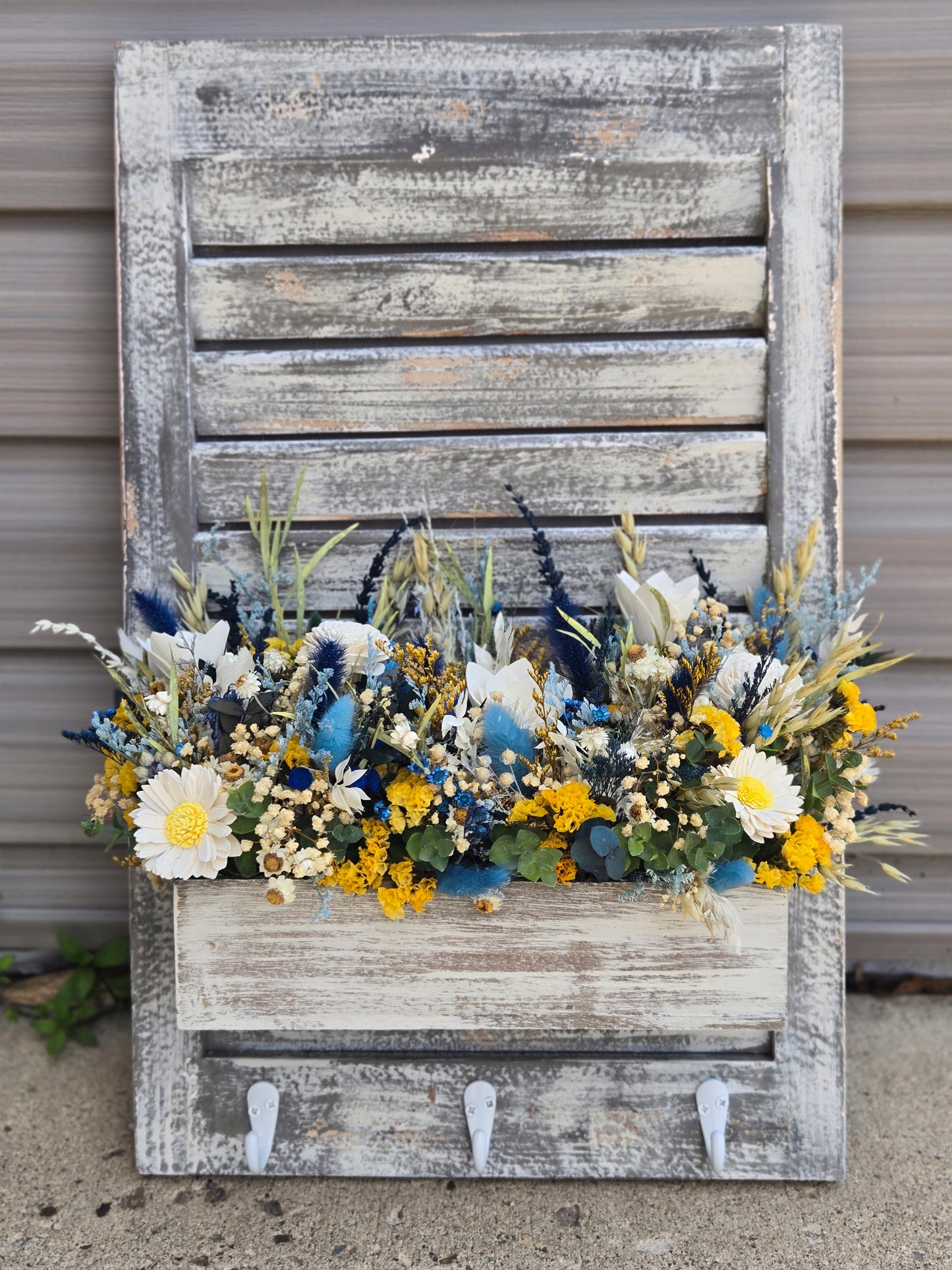 Wood Shutter mail sorter with wood flowers yellow and blues