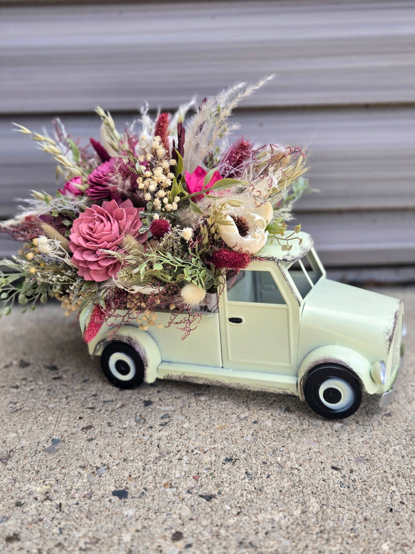 Vintage Cream Truck with Wood Flowers Arrangement