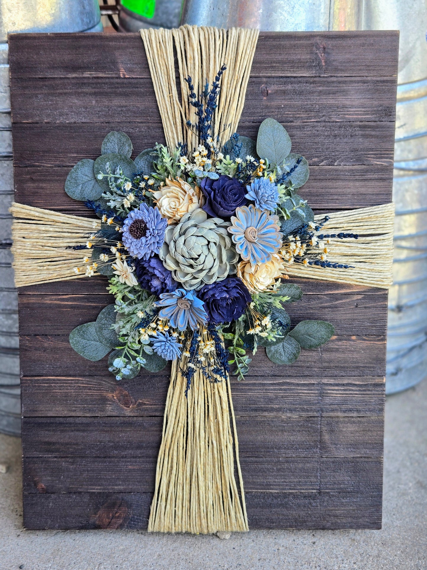 Large Pallet Wood Rope Cross with wood flowers