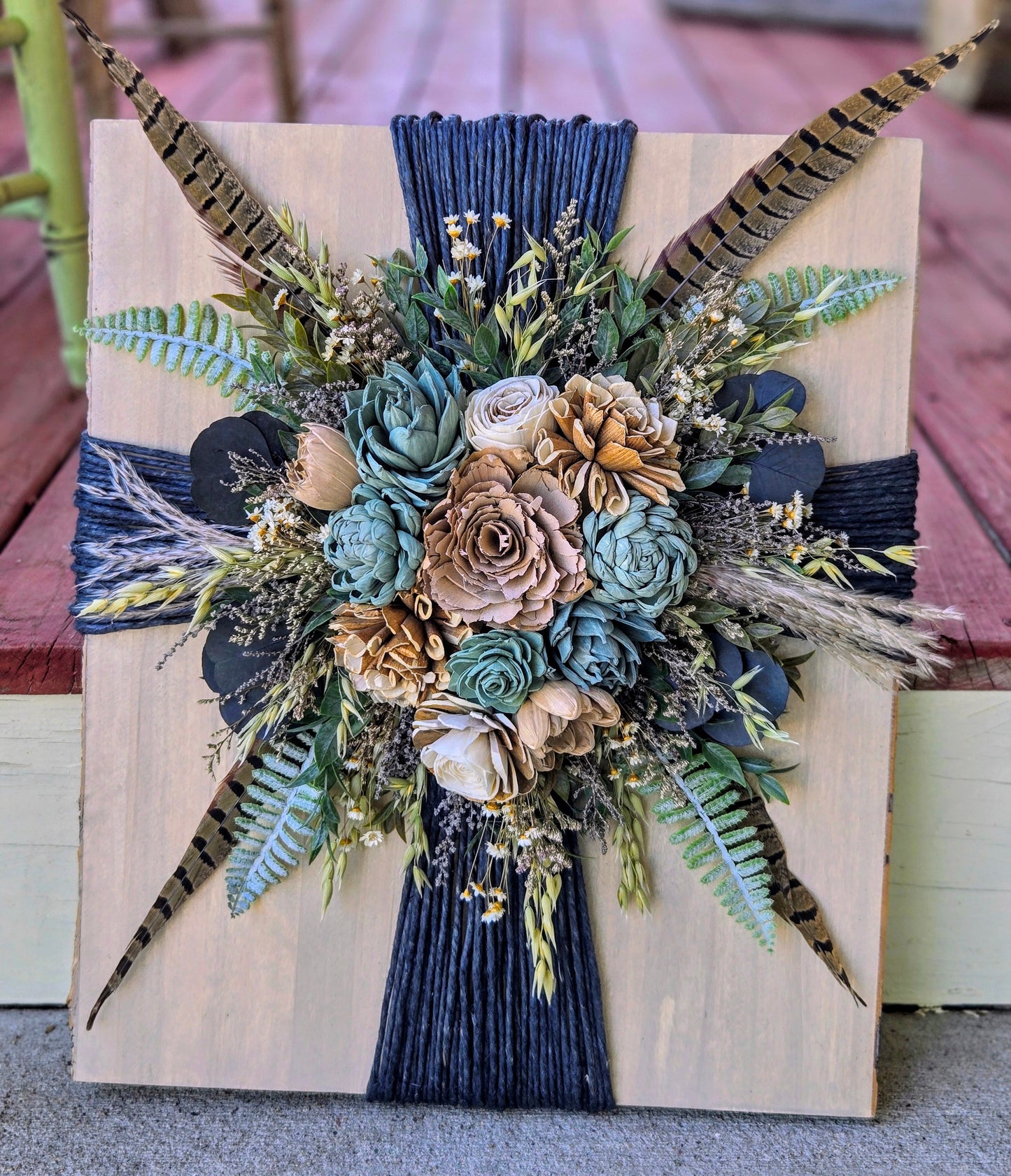Wood Flower Rope cross on a live edge wood board