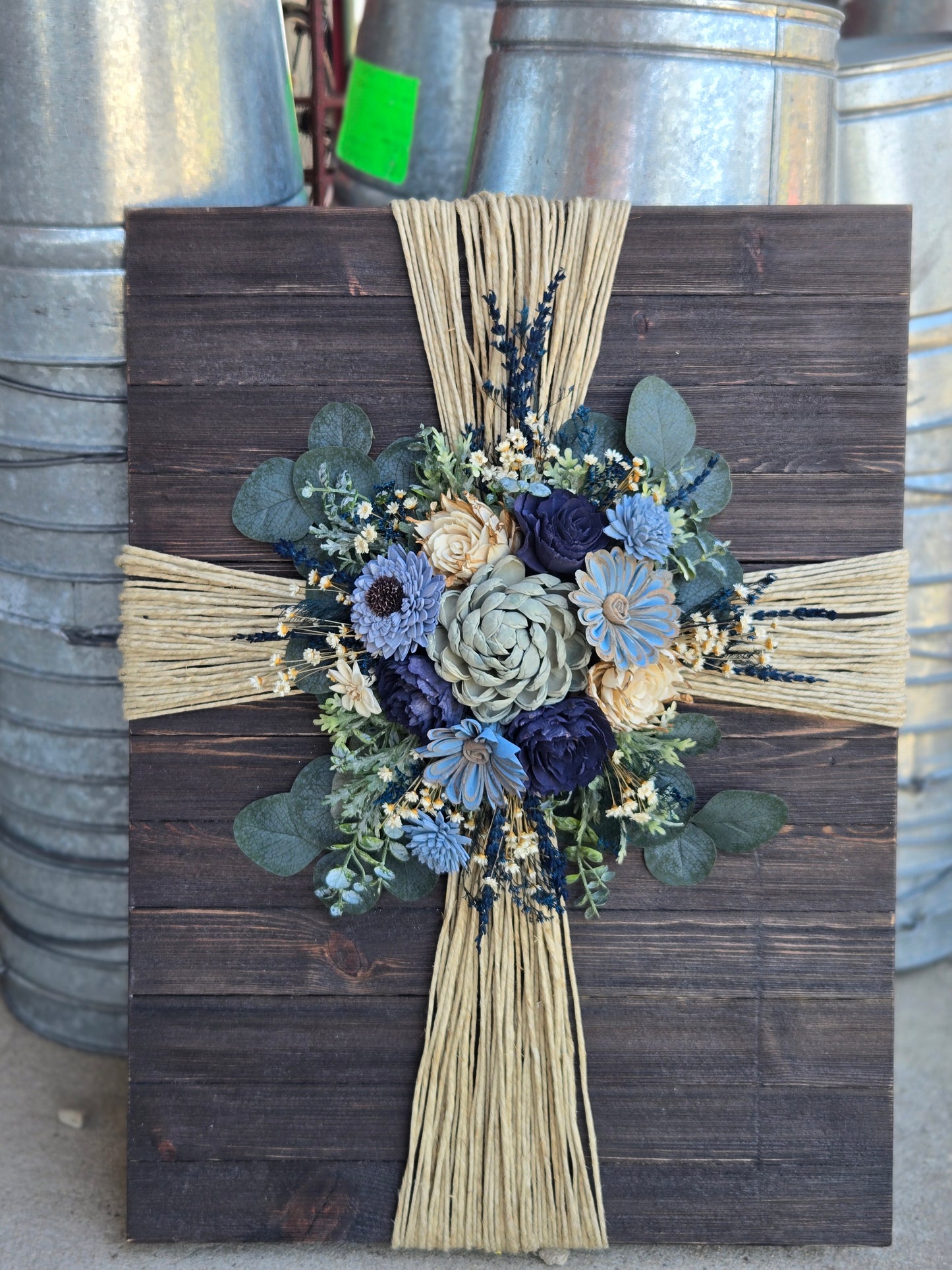 Large Pallet Wood Rope Cross with wood flowers