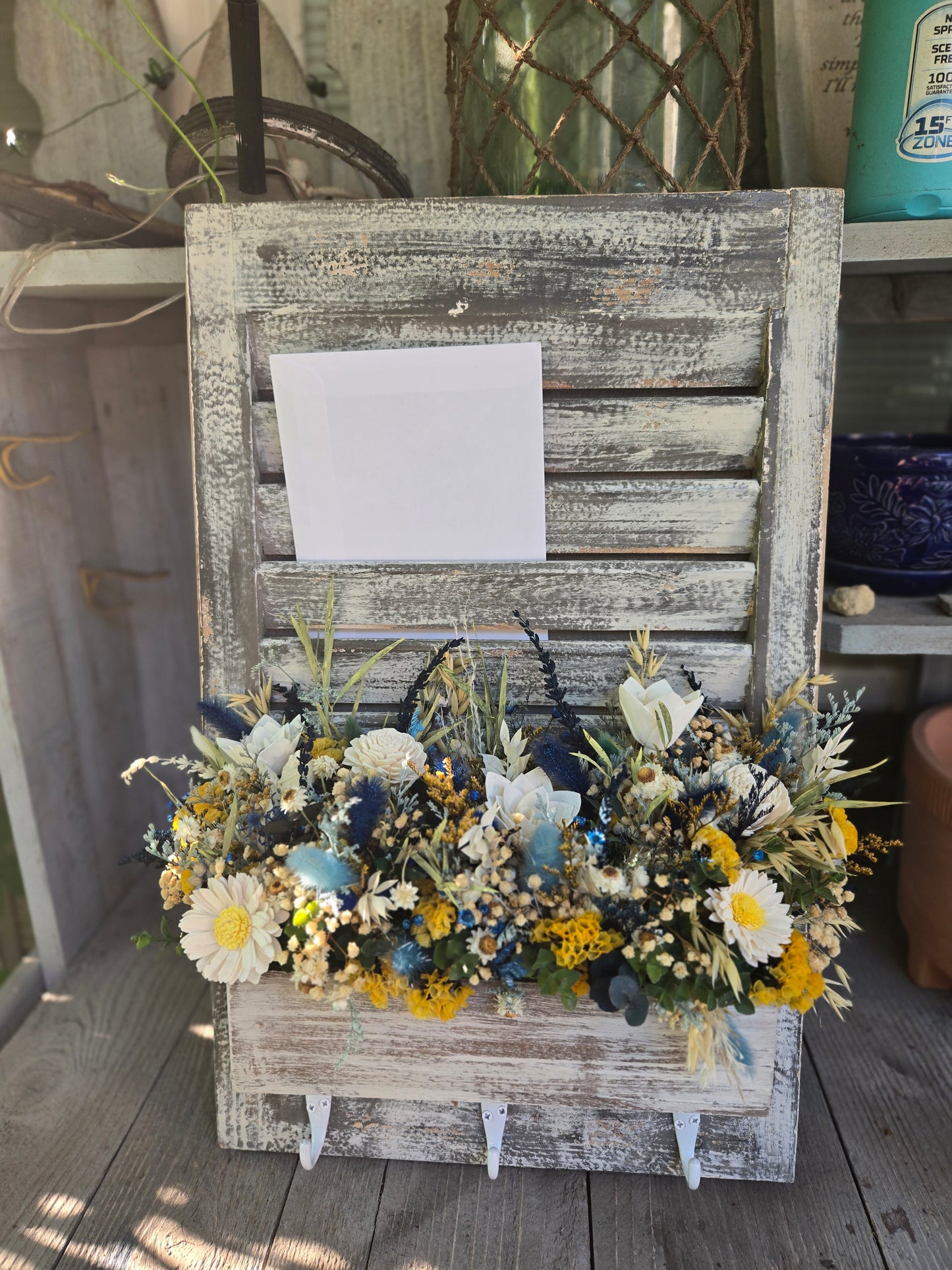 Wood Shutter mail sorter with wood flowers yellow and blues
