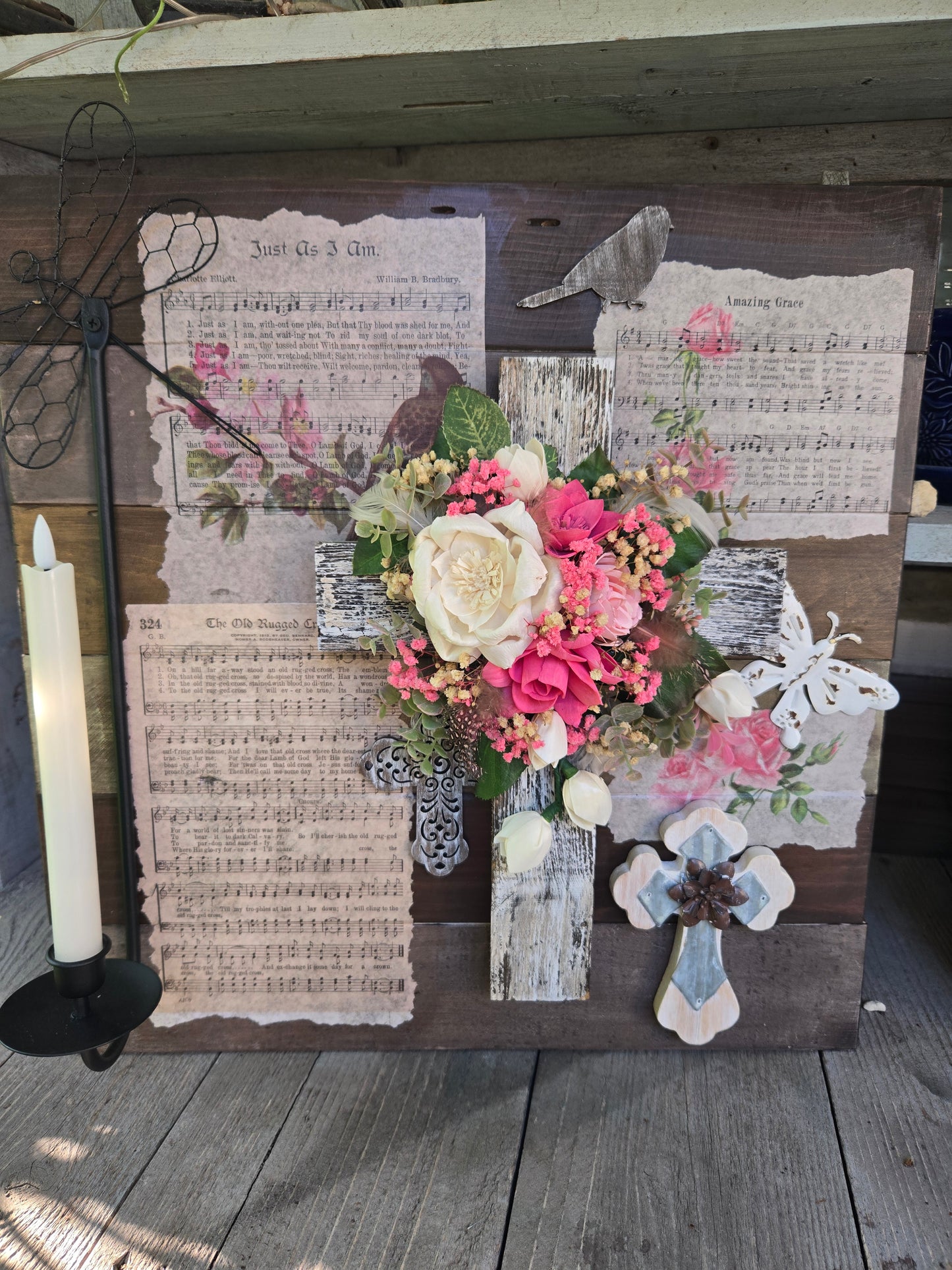 Wood Flower Cross Bible Hymes and Faux candle