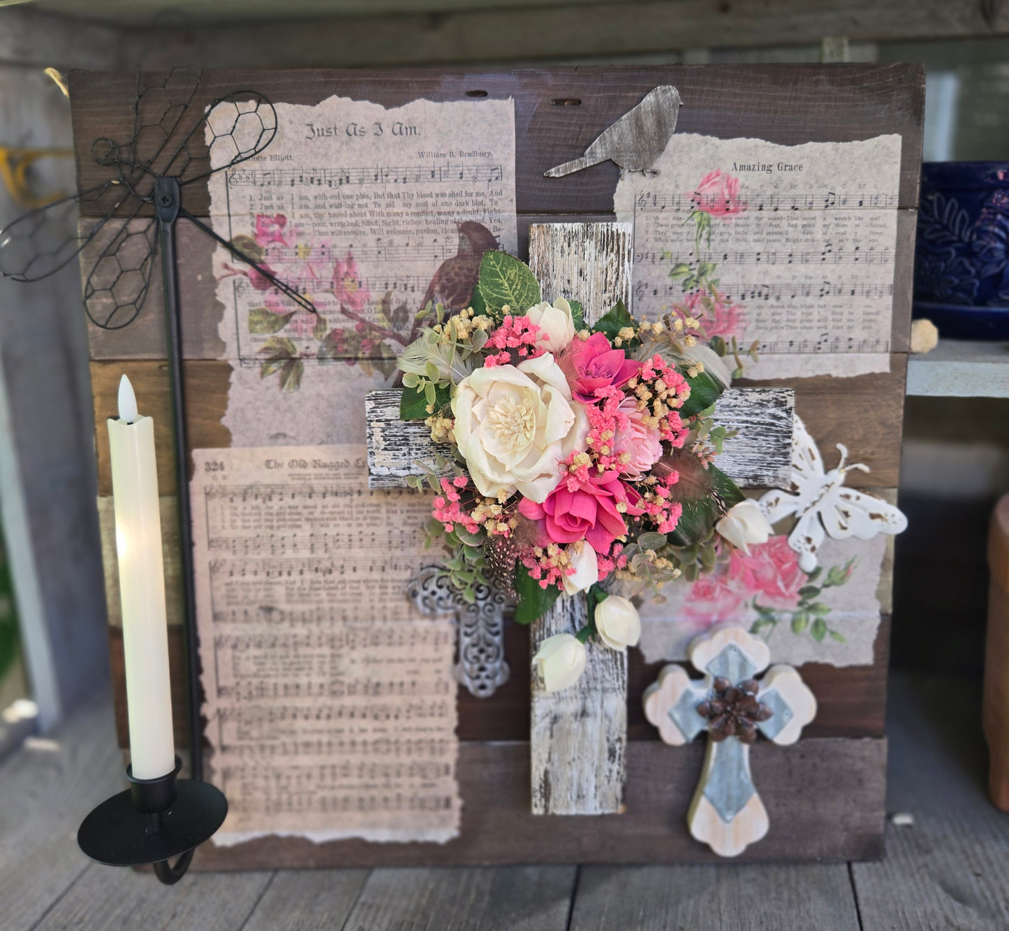 Wood Flower Cross Bible Hymes and Faux candle