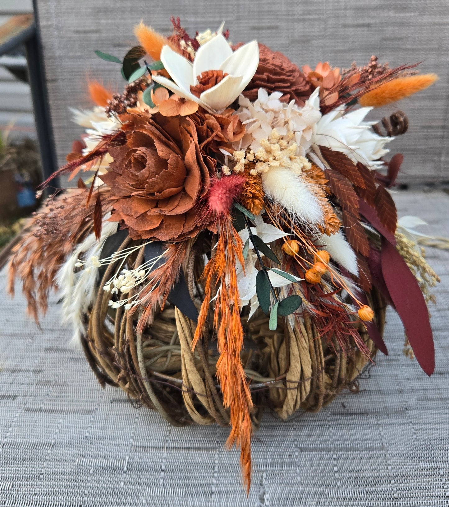 Wood Flower Grapevine Pumpkin in rust,burnt orange and terracotta home decor