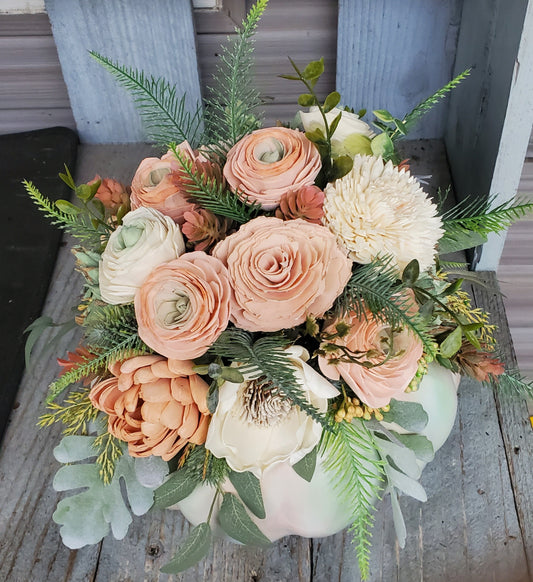 Wood flower faux pumpkin arrangement