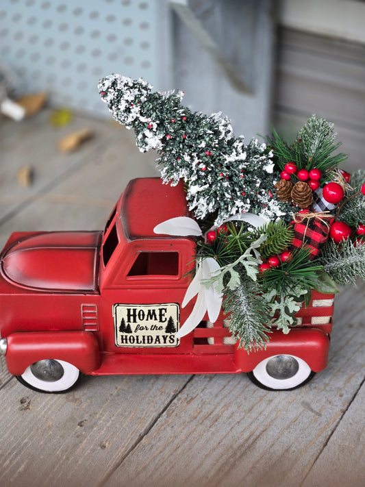 Red Metal Truck For the Holidays With Artifical Pine Arrangement