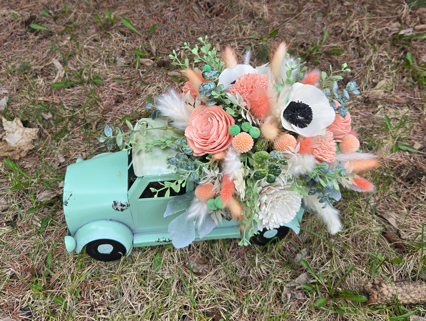 Vintage Green Truck Wood Flower Arrangement