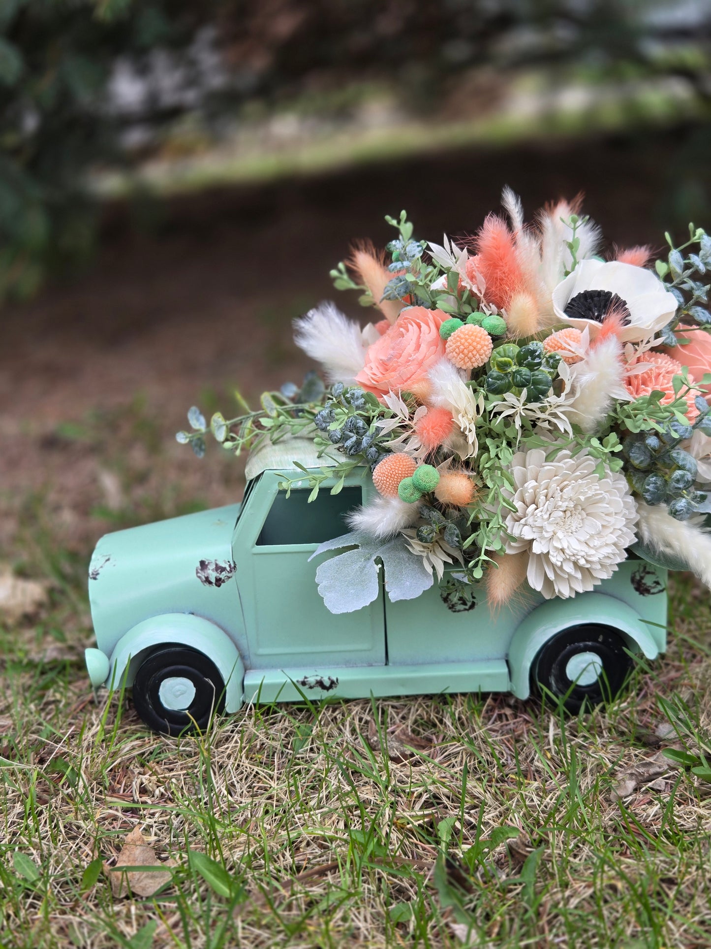 Vintage Green Truck Wood Flower Arrangement