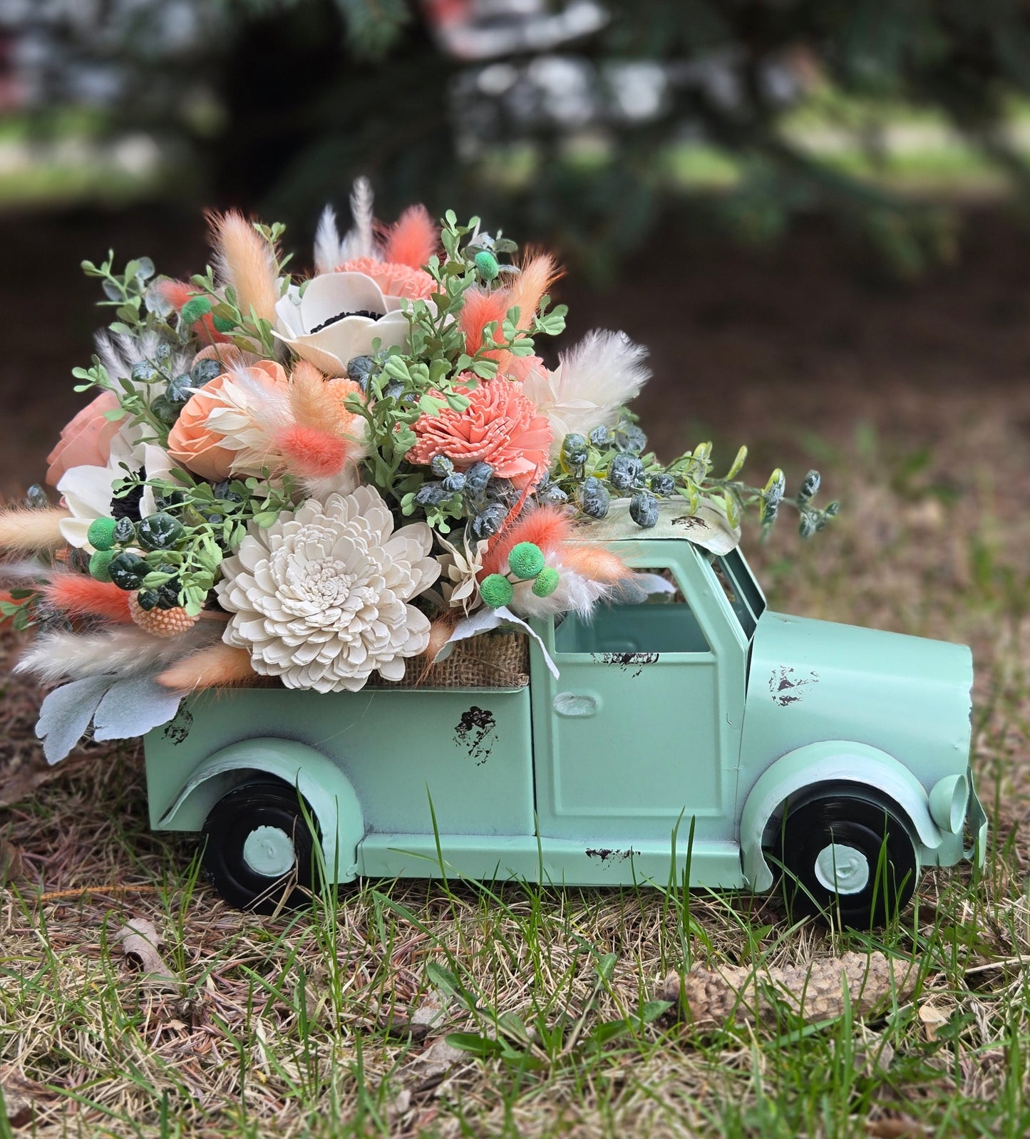 Vintage Green Truck Wood Flower Arrangement