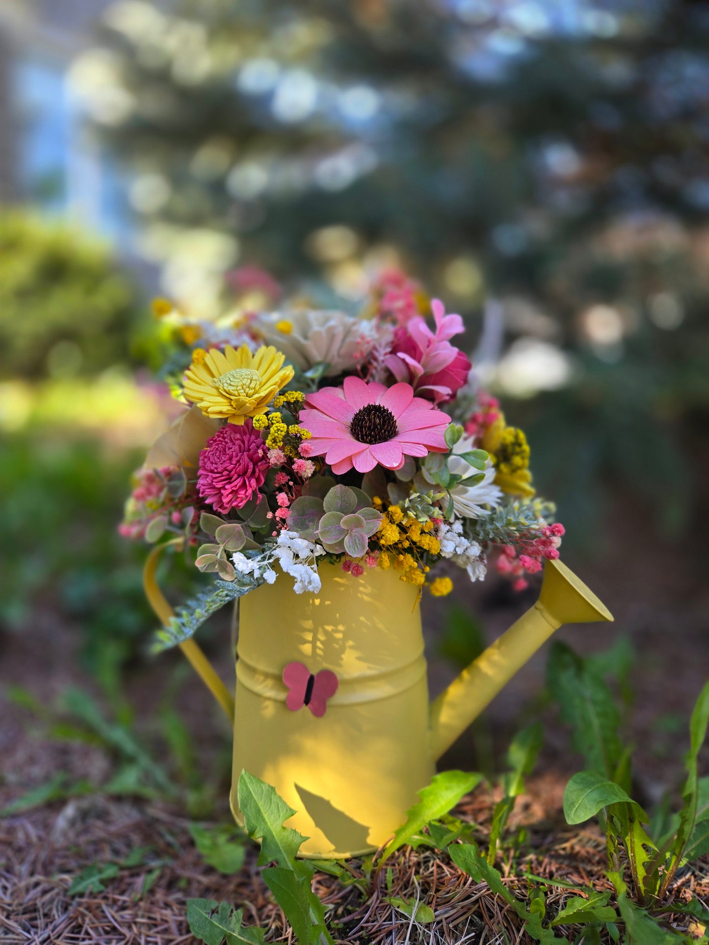 Wood Flower Yellow Watering Can Decor