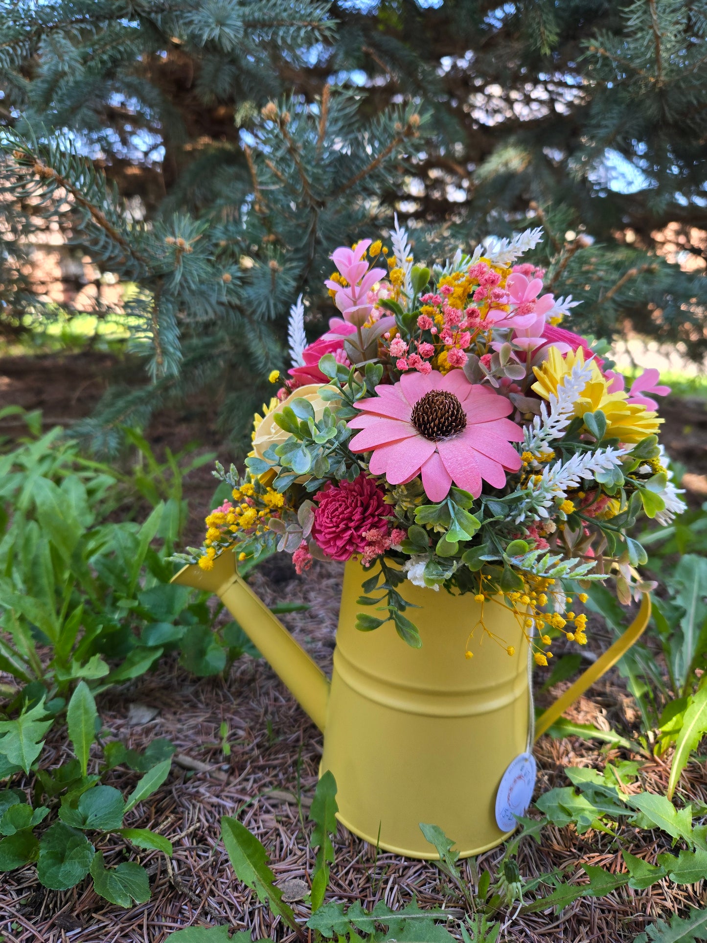 Wood Flower Yellow Watering Can Decor
