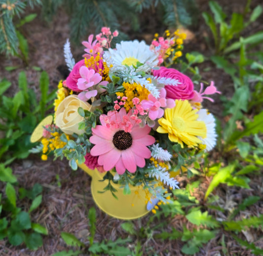 Wood Flower Yellow Watering Can Decor