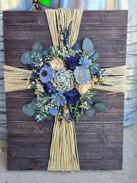 Large Pallet Wood Rope Cross with wood flowers