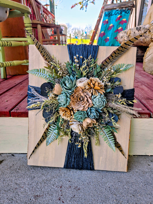 Wood Flower Rope cross on a live edge wood board