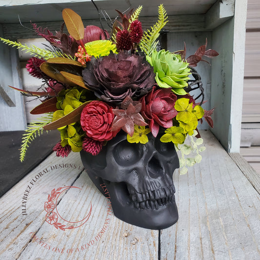 Wood flower Halloween arrangement resin skull