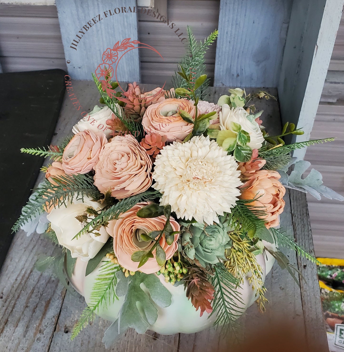 Wood flower faux pumpkin arrangement