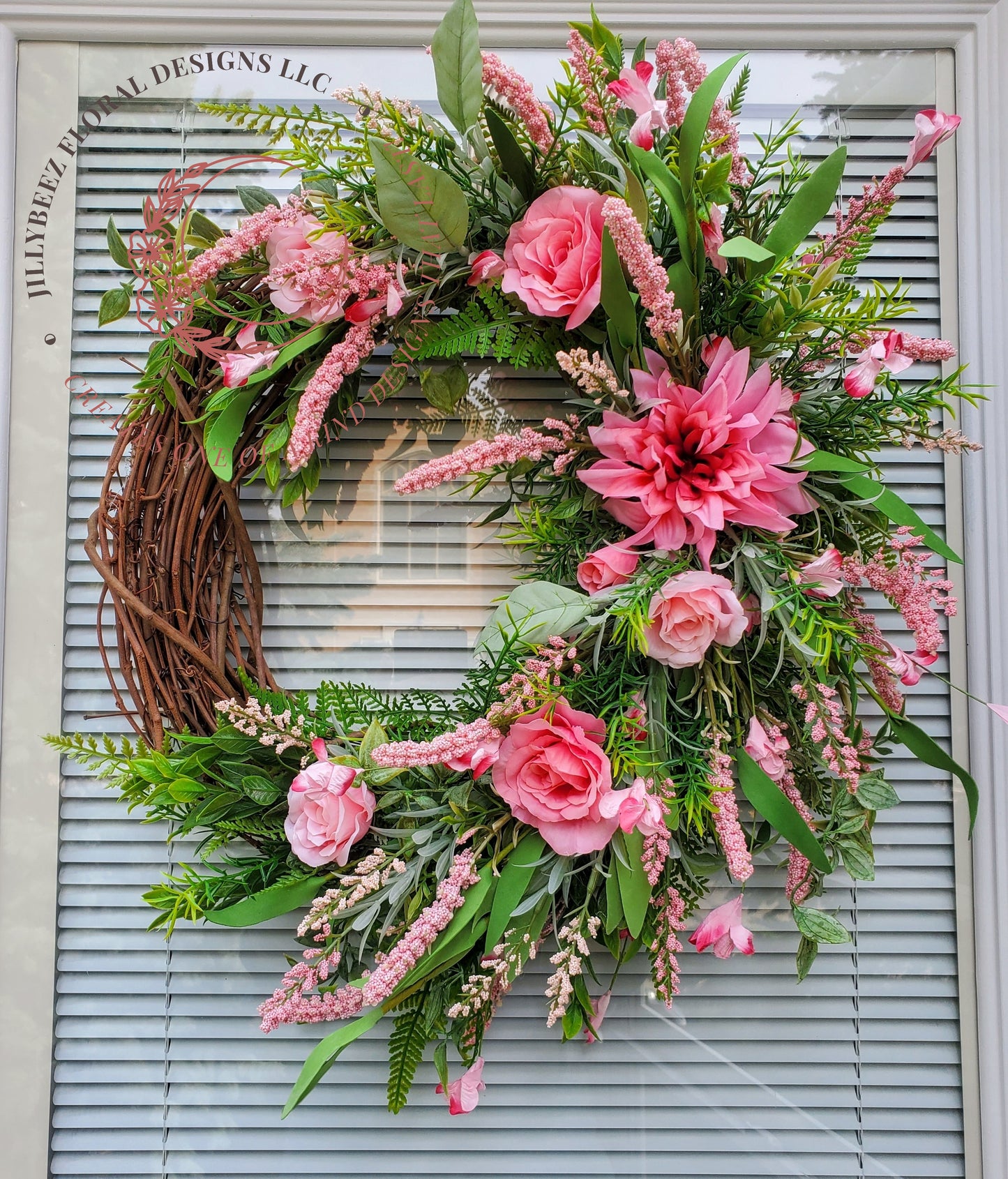 Silk pink flowers artificial greenery grapevine wreath.