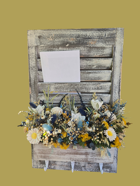 Wood Shutter mail sorter with wood flowers yellow and blues