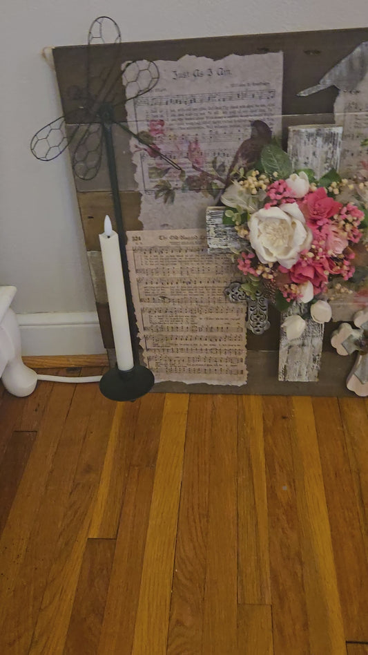 Wood Flower Cross Bible Hymes and Faux candle