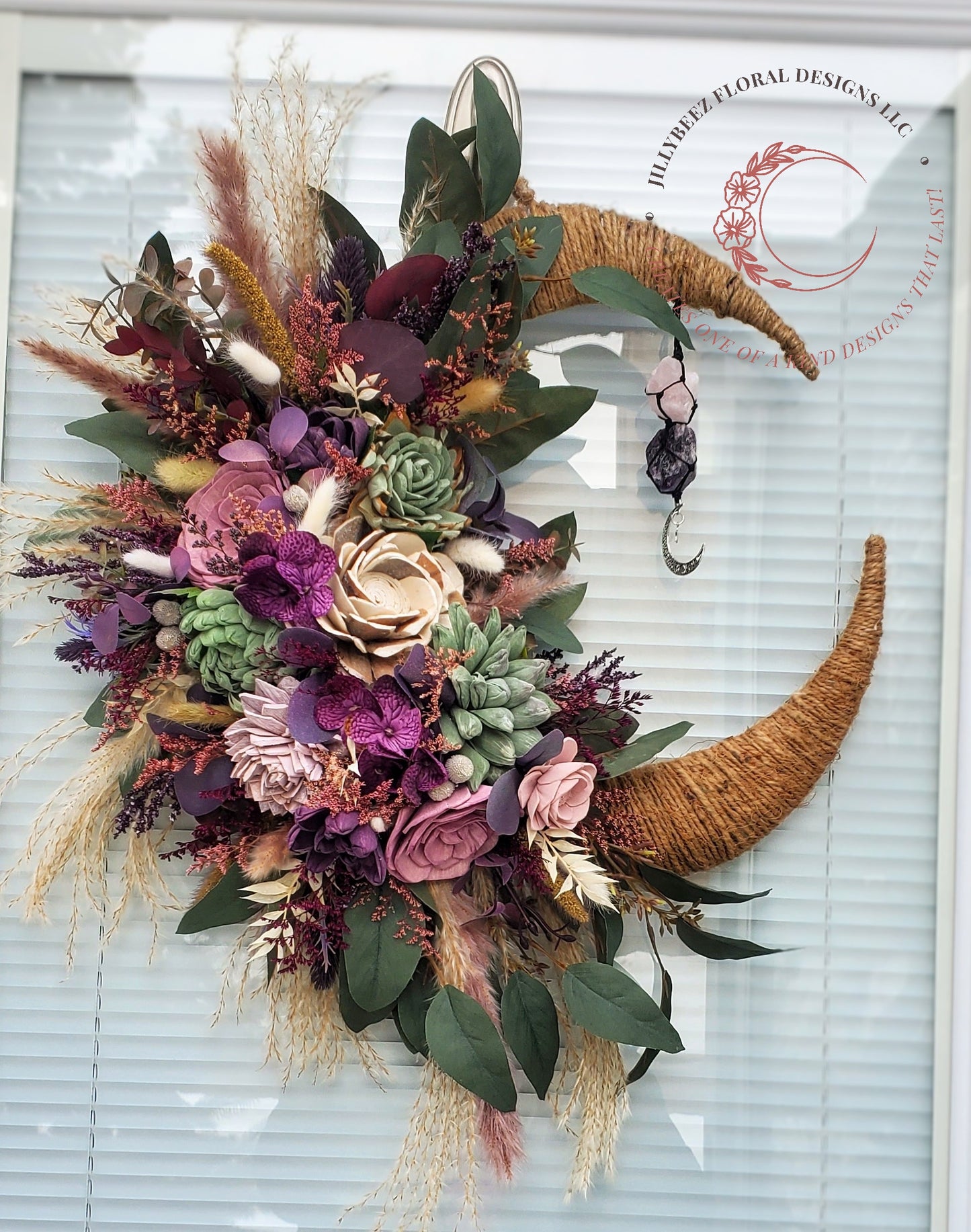 Wood Flower crescent moon wreath